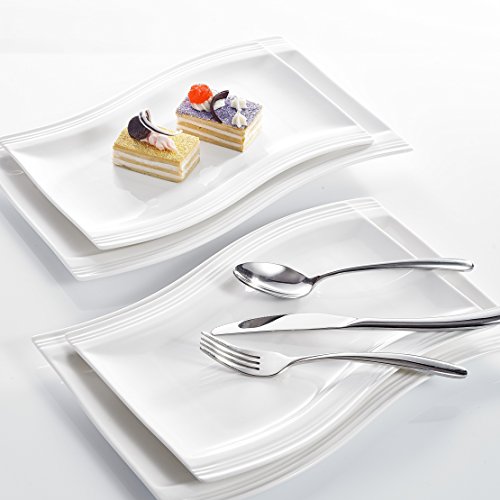MALACASA, Serie Flora, Juego de Plato Vajillas de Porcelana 4 Piezas Plato de Postre 11"&13.25" Plato Rectangullano Bandeja Cuadrado