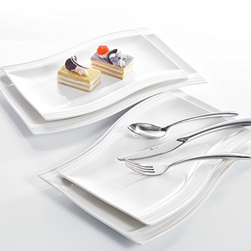 MALACASA, Serie Flora, Juego de Plato Vajillas de Porcelana 4 Piezas Plato de Postre 11"&13.25" Plato Rectangullano Bandeja Cuadrado