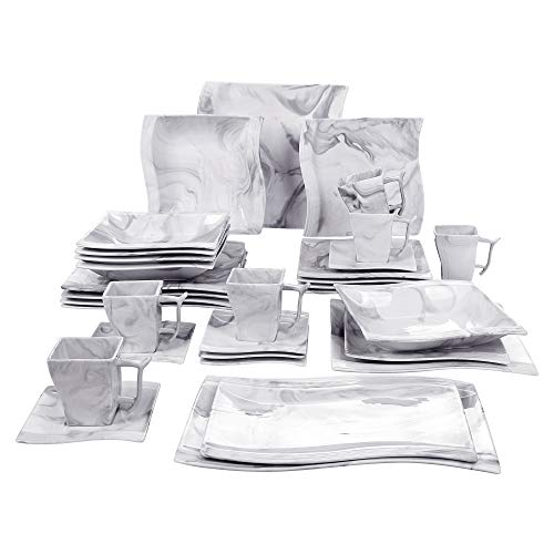 MALACASA, Serie Flora, Vajilla de Porcelana, 32 pcs, 6 Tazas, 6 Platillos, 6 Platos Llanos, 6 Platos de Postre, 6 Platos de Hondos, 2 Platos Rectangular Diseño de Mármol Gris