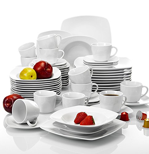 MALACASA, serie Julia, 60pcs Vajillas de Porcelana Juego de Café con 12 Tazas de café, 12 Platillos, 12 Platos de Postre, 12 Platos de Sopa y 12 Platos plano Vajillas completa para 12 Personas