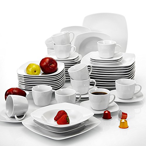 MALACASA, serie Julia, 60pcs Vajillas de Porcelana Juego de Café con 12 Tazas de café, 12 Platillos, 12 Platos de Postre, 12 Platos de Sopa y 12 Platos plano Vajillas completa para 12 Personas