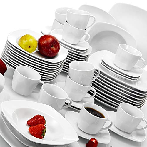 MALACASA, serie Julia, 60pcs Vajillas de Porcelana Juego de Café con 12 Tazas de café, 12 Platillos, 12 Platos de Postre, 12 Platos de Sopa y 12 Platos plano Vajillas completa para 12 Personas