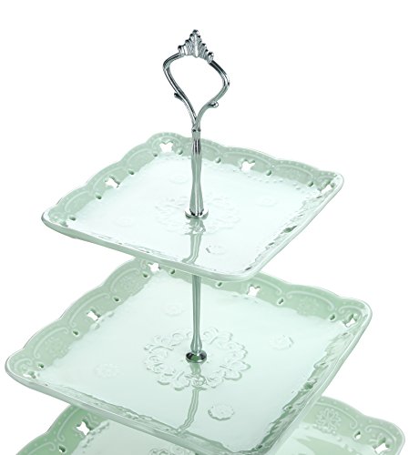 MALACASA, Serie Sweet.Time, Bandejas para Tartas, (10" 8.2" 6") 3 Capas de Placas Porcelana，El Colgante de Plata para Postres, Frutas, Magdalenas, Color Verde