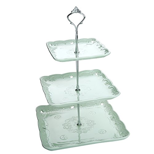 MALACASA, Serie Sweet.Time, Bandejas para Tartas, (10" 8.2" 6") 3 Capas de Placas Porcelana，El Colgante de Plata para Postres, Frutas, Magdalenas, Color Verde