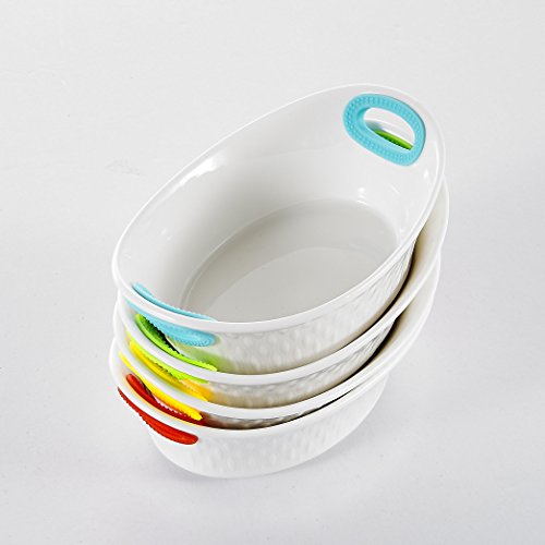 Malacasa, Series Bake, 4 piezas 6,5" Vajilla de Porcelana Blanca Fuentes de Porcelana juego de cuencos de horno con 4 colores de silicona mango