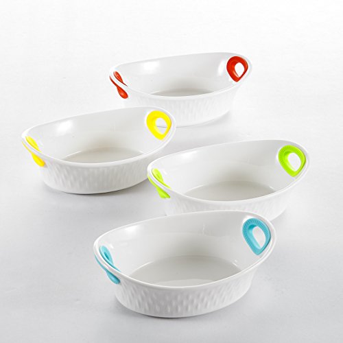 Malacasa, Series Bake, 4 piezas 6,5" Vajilla de Porcelana Blanca Fuentes de Porcelana juego de cuencos de horno con 4 colores de silicona mango
