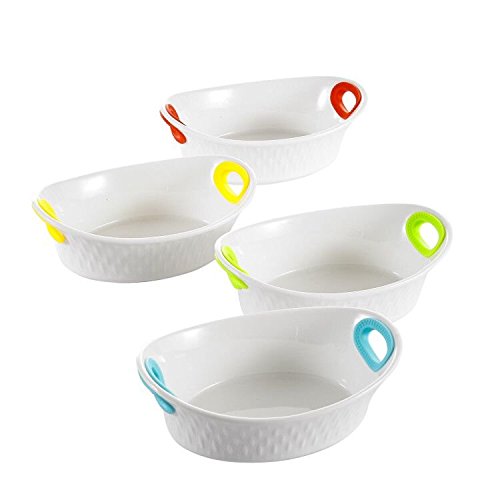 Malacasa, Series Bake, 4 piezas 6,5" Vajilla de Porcelana Blanca Fuentes de Porcelana juego de cuencos de horno con 4 colores de silicona mango