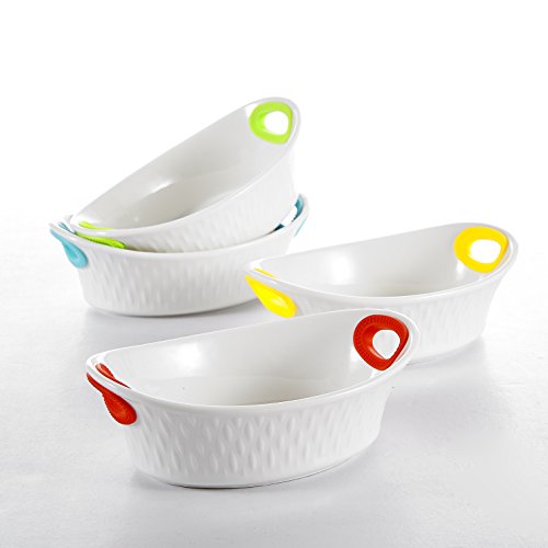 Malacasa, Series Bake, 4 piezas 6,5" Vajilla de Porcelana Blanca Fuentes de Porcelana juego de cuencos de horno con 4 colores de silicona mango