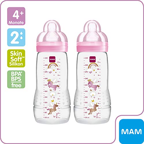 MAM 99950501 Easy Active Biberón (330 ml), juego de 2, biberón que incluye tetina MAM tamaño 2 de silicona SkinSoft, biberón con forma ergonómica, 4+ meses, rosa