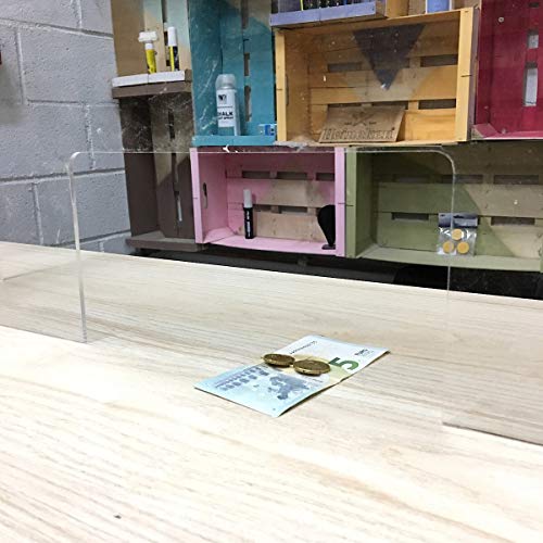 Mampara mostrador. Pantalla de protección para farmacias. Separador transparente para supermercados, recepciones, hoteles, tiendas y comercios. Ancho 71 cm y Alto 75 cm. (Peanas color negro)