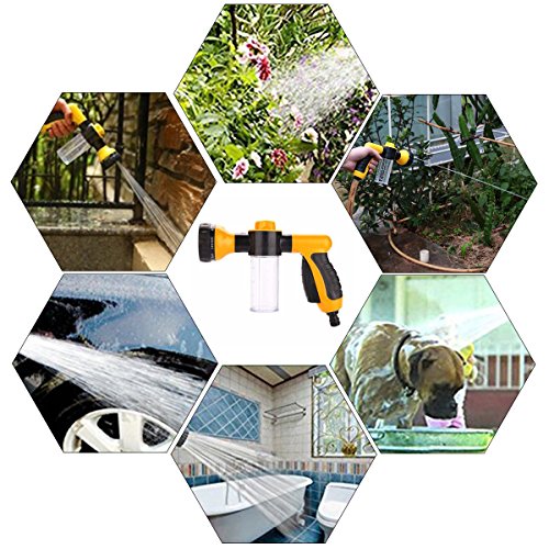 Manguera de jardín Boquilla-pistola de riego multifuncional de espuma agua-8 ajustable patrones, built-in dispensador de jabón, ahorro de agua-ideal para lavado de coches, riego del césped, amarillo