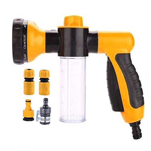 Manguera de jardín Boquilla-pistola de riego multifuncional de espuma agua-8 ajustable patrones, built-in dispensador de jabón, ahorro de agua-ideal para lavado de coches, riego del césped, amarillo