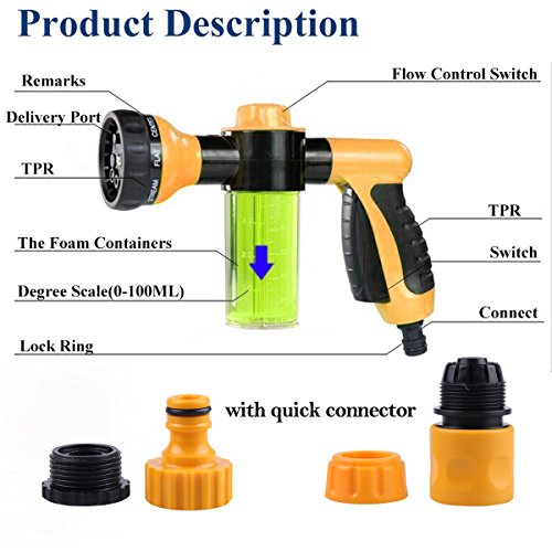 Manguera de jardín Boquilla-pistola de riego multifuncional de espuma agua-8 ajustable patrones, built-in dispensador de jabón, ahorro de agua-ideal para lavado de coches, riego del césped, amarillo