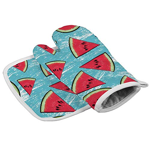 Manoplas para horno con diseño de dibujos animados tropicales de frutas, sandía, semilla de mora, resistente al calor, para microondas, barbacoa, horno, guantes de algodón, con forro interior suave.