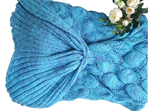 Manta de Cola de Sirena Adulto, Hecho a Mano de Ganchillo Sofá Cola de Pescado Sirena Mantas Saco de Dormir para Mujeres Niña Señora 200 x 90cm (78.7*35pulgadas) (Azul)