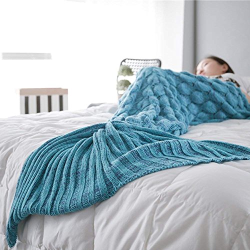 Manta de Cola de Sirena Adulto, Hecho a Mano de Ganchillo Sofá Cola de Pescado Sirena Mantas Saco de Dormir para Mujeres Niña Señora 200 x 90cm (78.7*35pulgadas) (Azul)