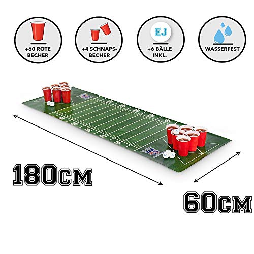 Mantel para Juego de Beer Pong Evil Jared´s | 60 Vasos Rojos + 6 Pelotas de Ping Pong | Diseño Campo de Fútbol Americano | 180 x 60 cm