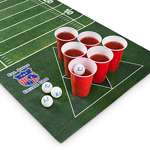 Mantel para Juego de Beer Pong Evil Jared´s | 60 Vasos Rojos + 6 Pelotas de Ping Pong | Diseño Campo de Fútbol Americano | 180 x 60 cm