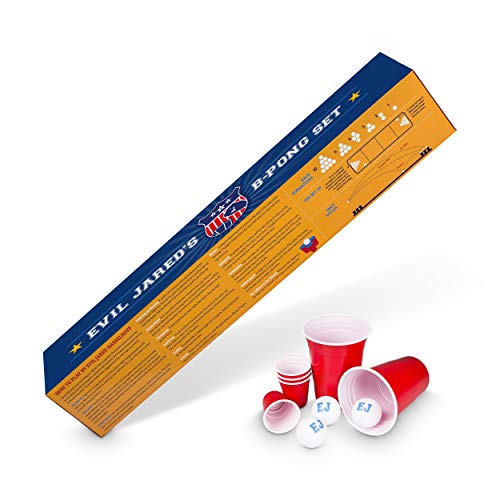 Mantel para Juego de Beer Pong Evil Jared´s | 60 Vasos Rojos + 6 Pelotas de Ping Pong | Diseño Campo de Fútbol Americano | 180 x 60 cm