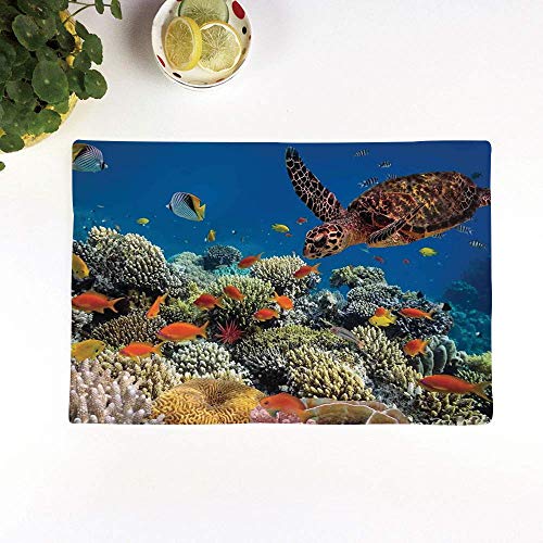 Manteles Individuales, Océano, Peces Tortuga vieja Carey flota bajo el agua Arrecifes de ,Mantel Individual Antideslizante Lavable Resistente Al Calor para Hoteles Restaurante Catering (Paquete de 4)
