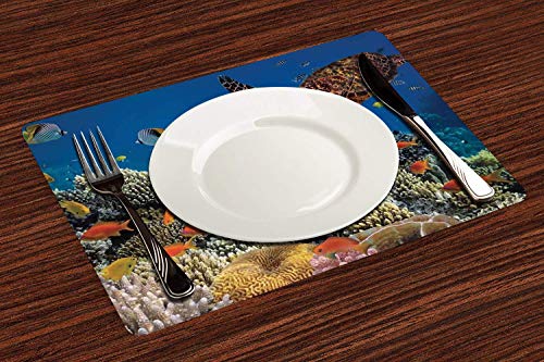 Manteles Individuales, Océano, Peces Tortuga vieja Carey flota bajo el agua Arrecifes de ,Mantel Individual Antideslizante Lavable Resistente Al Calor para Hoteles Restaurante Catering (Paquete de 4)