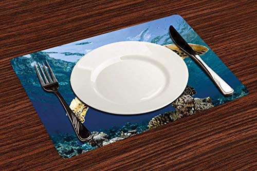Manteles Individuales, Tortuga, Tortuga Carey en Blue Lagoon of Ocean Eretmochelys Imbric,Mantel Individual Antideslizante Lavable Resistente Al Calor para Hoteles Restaurante Catering (Paquete de 4)