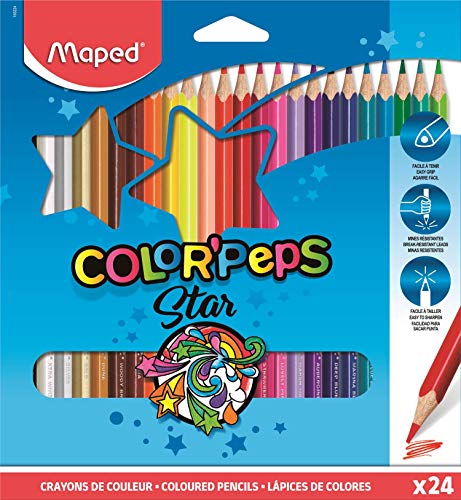 Maped - estuche de 24 lápices de colores triangulares colorpeps. mina blanda y resistente.