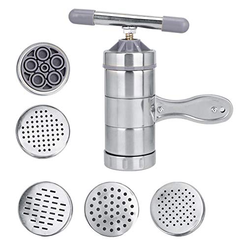 Máquina de fabricación de Pasta de prensado Manual de Fideos de Acero Inoxidable para Fideos caseros Espaguetis Herramientas para Hacer Masa Fresca Kit de Prensa de enrollar (5 moldes)