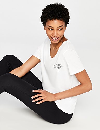 Marca Amazon - AURIQUE Camiseta Deportiva con Eslogan Mujer, Blanco (White (Move To The Beet)), 38, Label:S