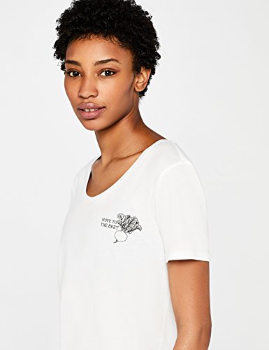 Marca Amazon - AURIQUE Camiseta Deportiva con Eslogan Mujer, Blanco (White (Move To The Beet)), 38, Label:S