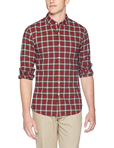 Marca Amazon – Goodthreads – Camisa Oxford de manga larga a cuadros de corte entallado para hombre, Multiolor (Red/ Green Tartan), US M (EU M)