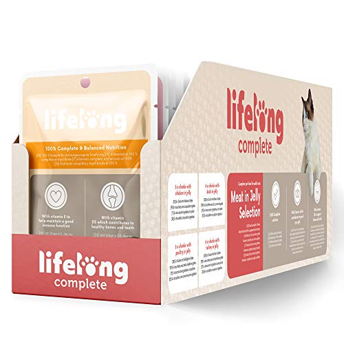 Marca Amazon - Lifelong Alimento completo para gatos adultos - Selección de carne en gelatina, 2,4 kg (24 bolsitas x 100g)