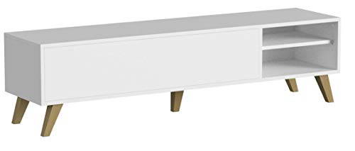 Marca Amazon - Movian Enol - Mueble para TV, 165 x 40 x 43.2 cm (largo x ancho x alto), blanco con patas de madera de haya