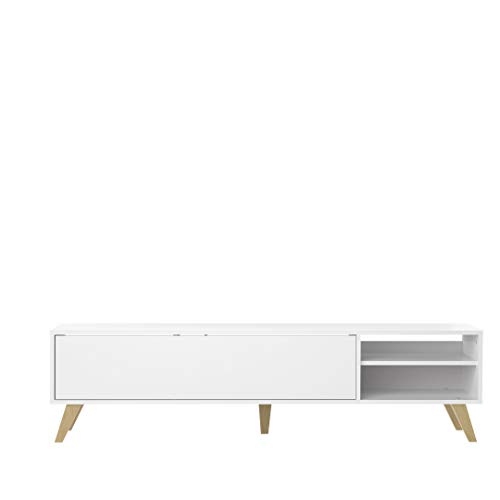 Marca Amazon - Movian Enol - Mueble para TV, 165 x 40 x 43.2 cm (largo x ancho x alto), blanco con patas de madera de haya