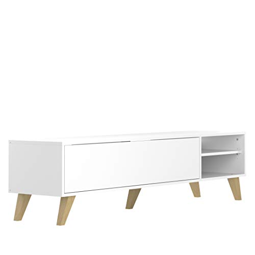 Marca Amazon - Movian Enol - Mueble para TV, 165 x 40 x 43.2 cm (largo x ancho x alto), blanco con patas de madera de haya