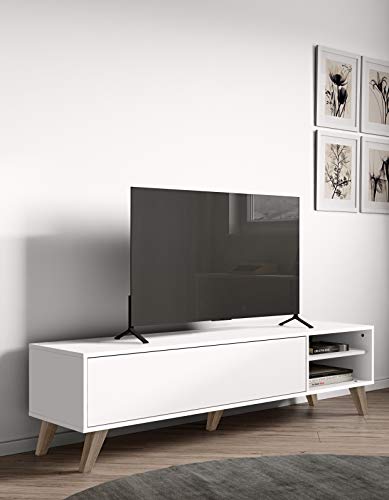 Marca Amazon - Movian Enol - Mueble para TV, 165 x 40 x 43.2 cm (largo x ancho x alto), blanco con patas de madera de haya