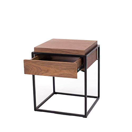 Marca Amazon - Rivet - Mesa Auxiliar Con Cajón Y Base Negra Metálica, Nogal