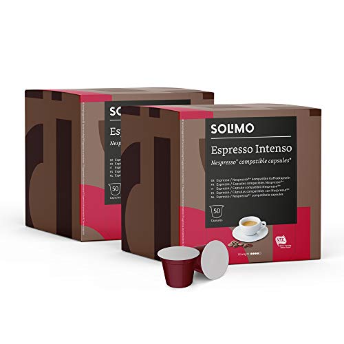 Marca Amazon - Solimo Cápsulas Espresso Intenso, compatibles con Nespresso - café certificado UTZ, 100 cápsulas (2 x 50)