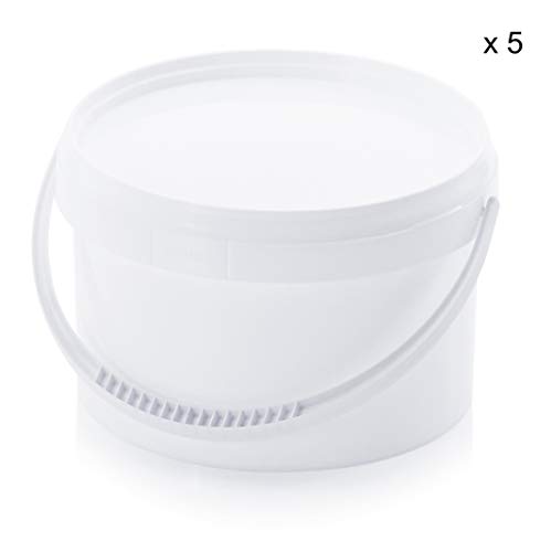 MARKESYSTEM - Cubo HERMÉTICO Catering - Pack de 5 X 2,6 litros - Cubos de Plástico con Tapa - Contenedores Apilables - Envasar Alimentos, Líquidos y Pinturas - Polipropileno Blanco + Kit Etiquetado