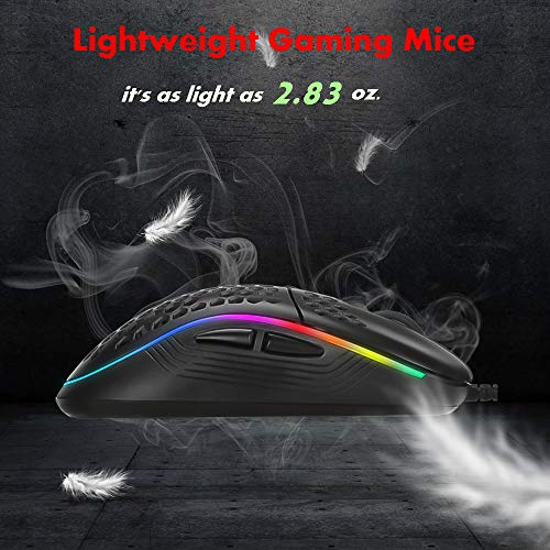 MARVO PC USB wired Gaming Mouse ratón de juego, Ratones para gamers,Concha de panal ligero con retroiluminación multicolor, cable de tejido ultraligero, negro