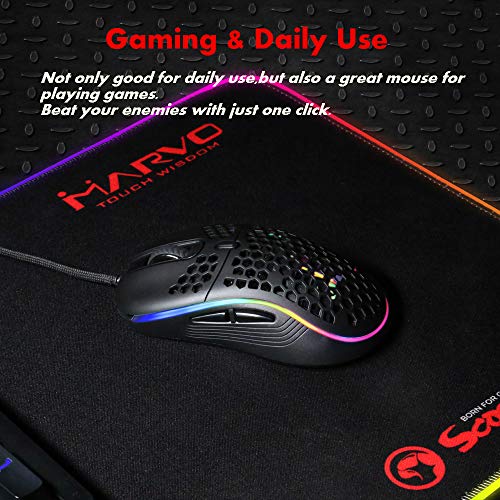 MARVO PC USB wired Gaming Mouse ratón de juego, Ratones para gamers,Concha de panal ligero con retroiluminación multicolor, cable de tejido ultraligero, negro