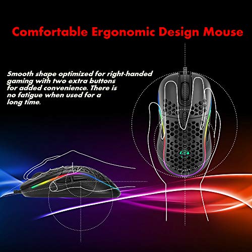 MARVO PC USB wired Gaming Mouse ratón de juego, Ratones para gamers,Concha de panal ligero con retroiluminación multicolor, cable de tejido ultraligero, negro