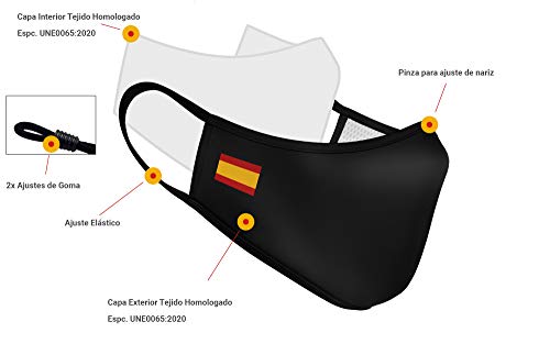 Mascarilla de Tela Homologada Reutilizable Bandera de España Sencilla - Negra