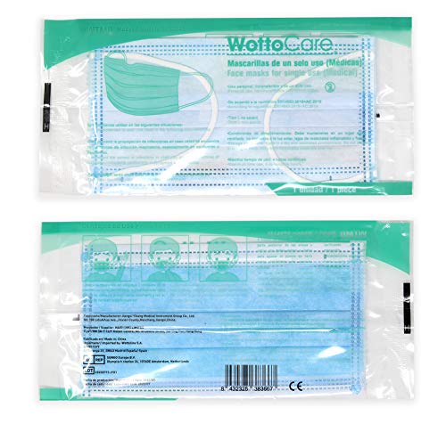 Mascarilla Quirúrgica Tipo I, WottoCare Mascarilla Médica Protección Desechable. Caja 20 Unidades. 3 capas. BFE superior al 95% (eficiencia de filtración de bacterias). Mascara Facial No estéril.