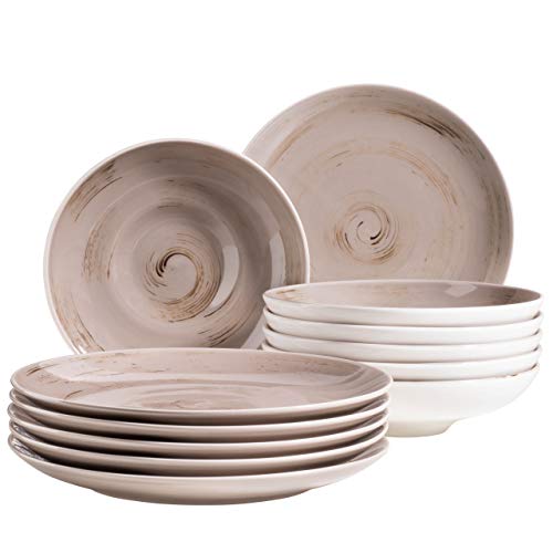 MÄSER Serie Derby Van Well-Vajilla para 6 personas (calidad gastronómica, 12 piezas, diseño moderno con efecto pincel), color beige, Porcelana duradera