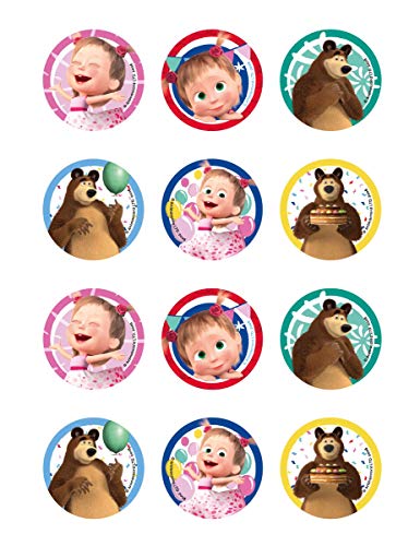 Masha y el Oso - Decoración para Galletas Infantiles - Pasta de Azúcar - 12 Mini Discos - 6cm