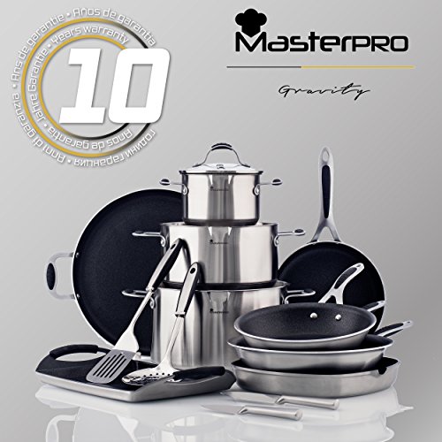 MasterPro Set 3 piezas: Asador grill 40 cms y 2 sartenes Ø16/Ø20 cms, aluminio prensado, antiadherente doble capa, inducción