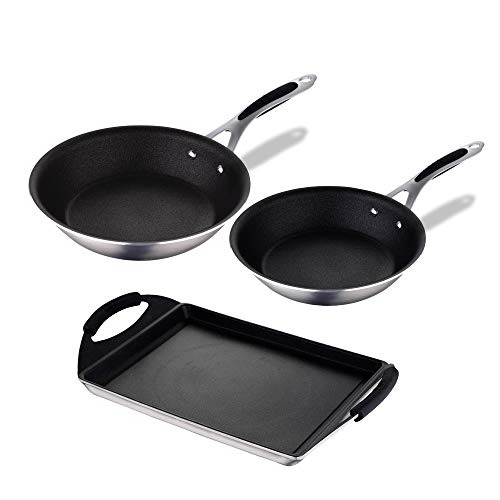 MasterPro Set 3 piezas: Asador grill 40 cms y 2 sartenes Ø16/Ø20 cms, aluminio prensado, antiadherente doble capa, inducción