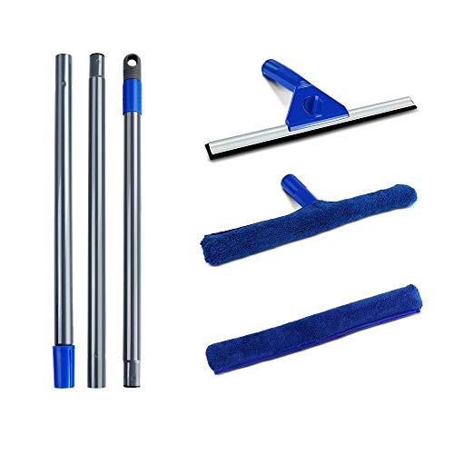 MASTERTOP 2 en 1 Rasquetas Limpiador Limpiacristales para Ducha Baño Escobilla de Goma Rasqueta de Microfibra con 130 cm Mango Largo 1Cabezal de Microfibra Adicional Ventana Vidrio