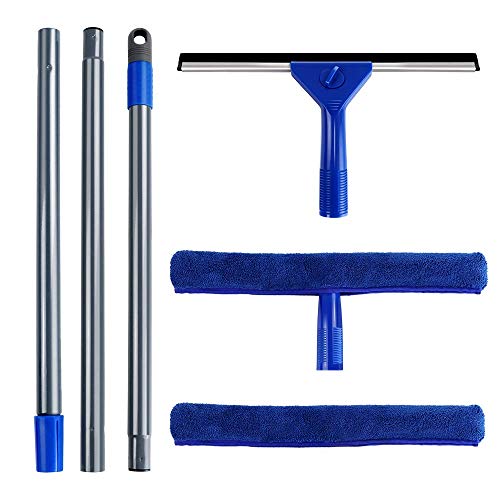 MASTERTOP 2 en 1 Rasquetas Limpiador Limpiacristales para Ducha Baño Escobilla de Goma Rasqueta de Microfibra con 130 cm Mango Largo 1Cabezal de Microfibra Adicional Ventana Vidrio